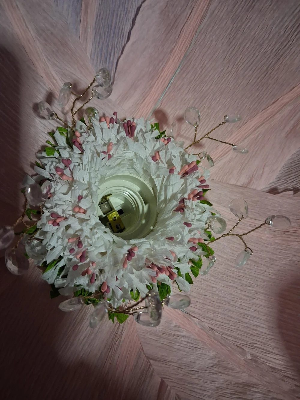 Large Pastel Pink Italian Crepe Paper Flower with Wired Crystal Center